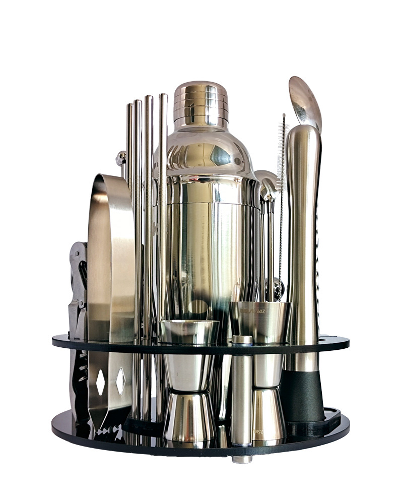 新款30件套不锈钢调酒器鸡尾酒套装可旋转圆形亚克力转盘酒吧酒具
