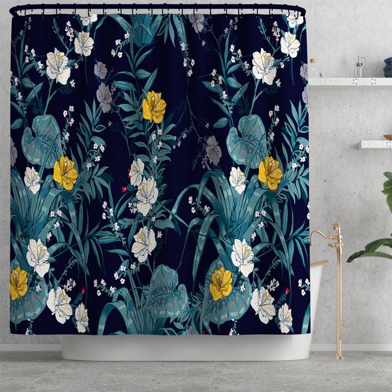 Cross-Border New Arrival Shower Curtain Hand-Painted Flower Printing Waterproof Shower Curtain Four-Piece Toilet Carpet Set for Bathroom