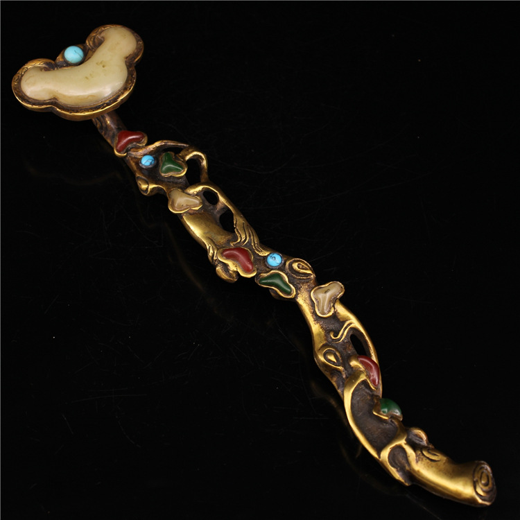 西藏藏传纯铜福寿如意摆件铜鎏金嵌玉老物件事事如意风水招财镇宅