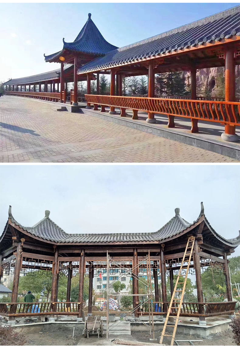 防腐木古建长廊 庭院实木四角亭子园林景观古建走廊凉亭
