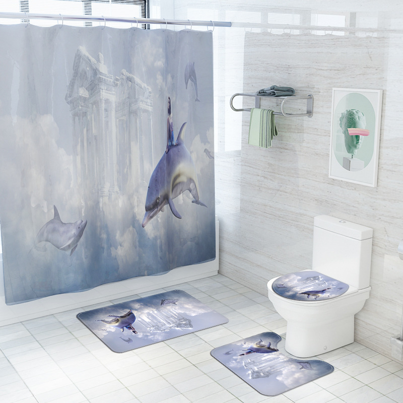 New Floral Print Dolphin Printing Waterproof Shower Curtain Carpet Four-Piece Set Toilet Mat Set for Cross-Border Overseas Warehouses