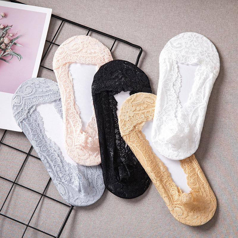 Women's Ankle Socks Ice Silk Socks Summer Thin Lace Stockings Cotton Base Silicone Non-Slip High Heels No Show Socks Shallow Mouth Invisible