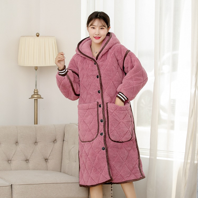 冬季睡袍女冬珊瑚绒加厚加长款三层加绒夹棉冬天女士浴袍睡衣秋冬