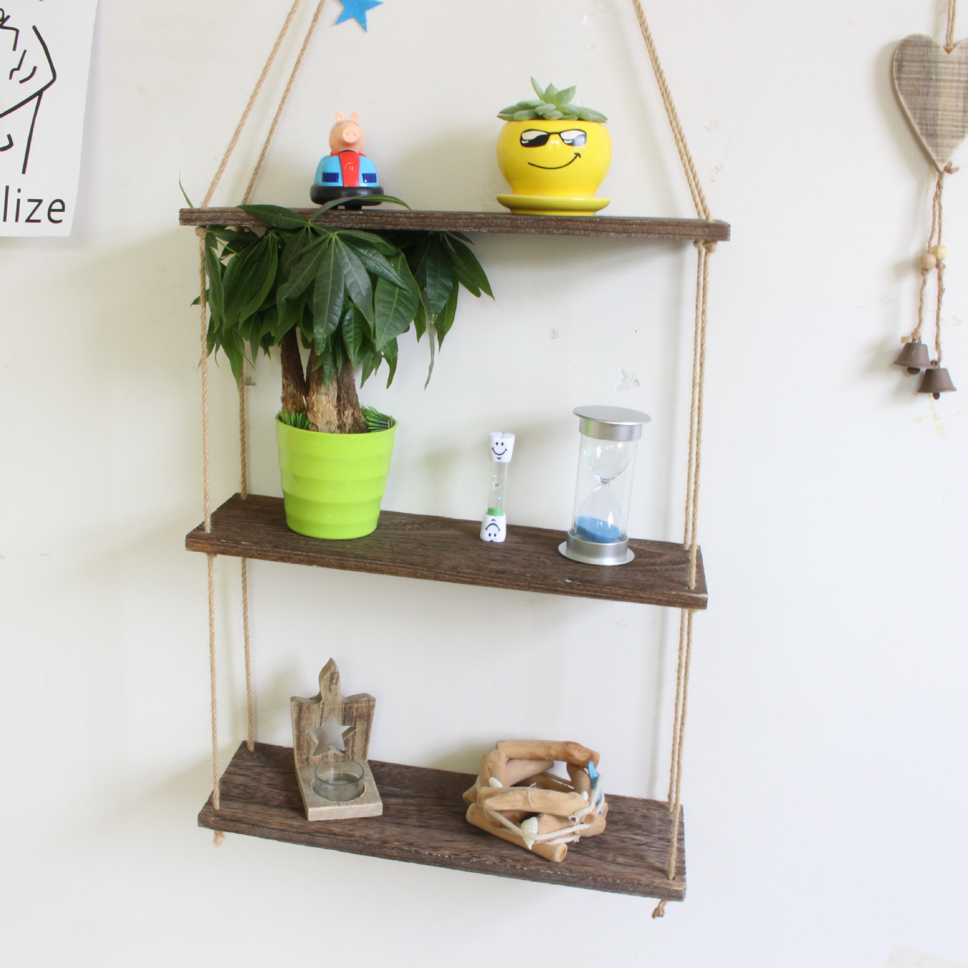 厂家直销墙上装饰吊绳置物架花盆收纳架北欧壁挂木板悬挂吊饰摆件