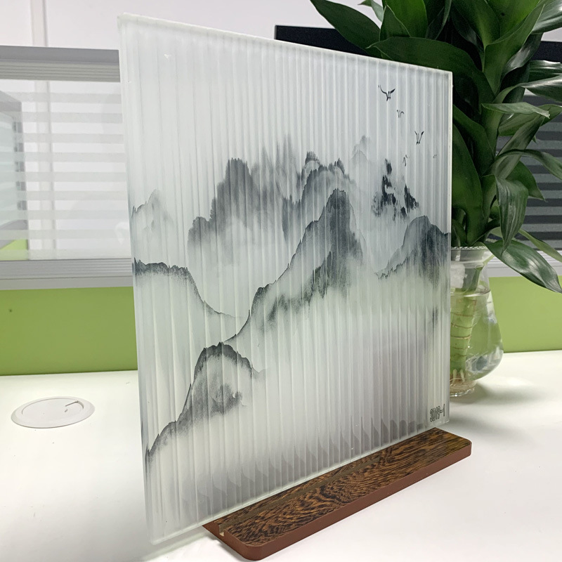 夹绢玻璃长虹夹胶艺术玻璃山水画景观墙屏风隔断工程瓦楞