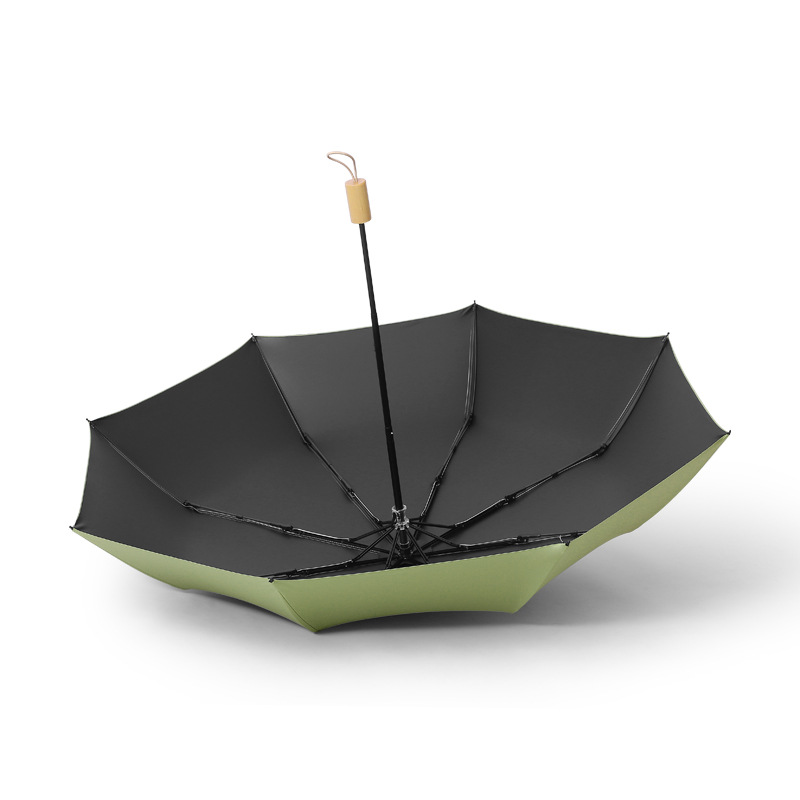 Solid Color Black Plastic Wooden Handle Umbrella Fresh Men and Women Triple Folding Umbrella Simple Retro All-Weather Umbrella Can Be Printed Logo Parasol