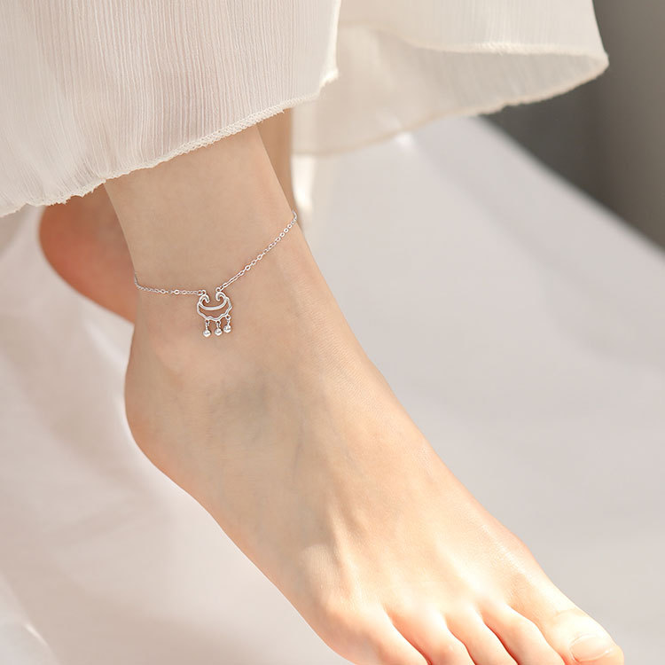 s925纯银饰品长命锁脚链网红韩版简约铃铛脚环小众设计脚饰女