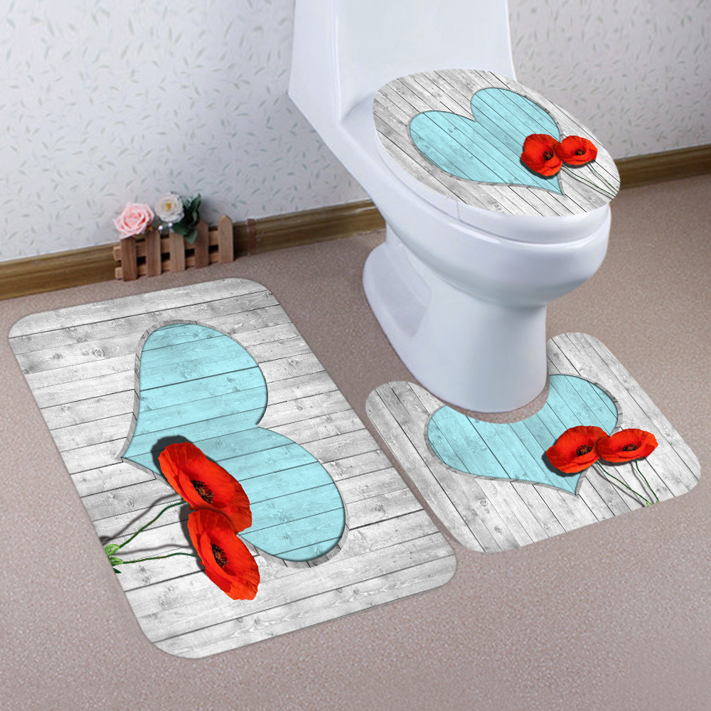 字母图案印花卫生间浴帘 马桶三件套 浴室超柔法兰绒地垫