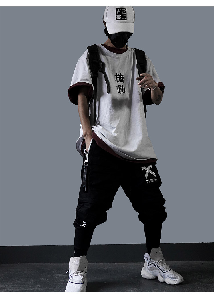 2019国潮暗黑先锋机能风短袖t恤男宽松嘻哈潮牌衣服刺绣半袖衫潮