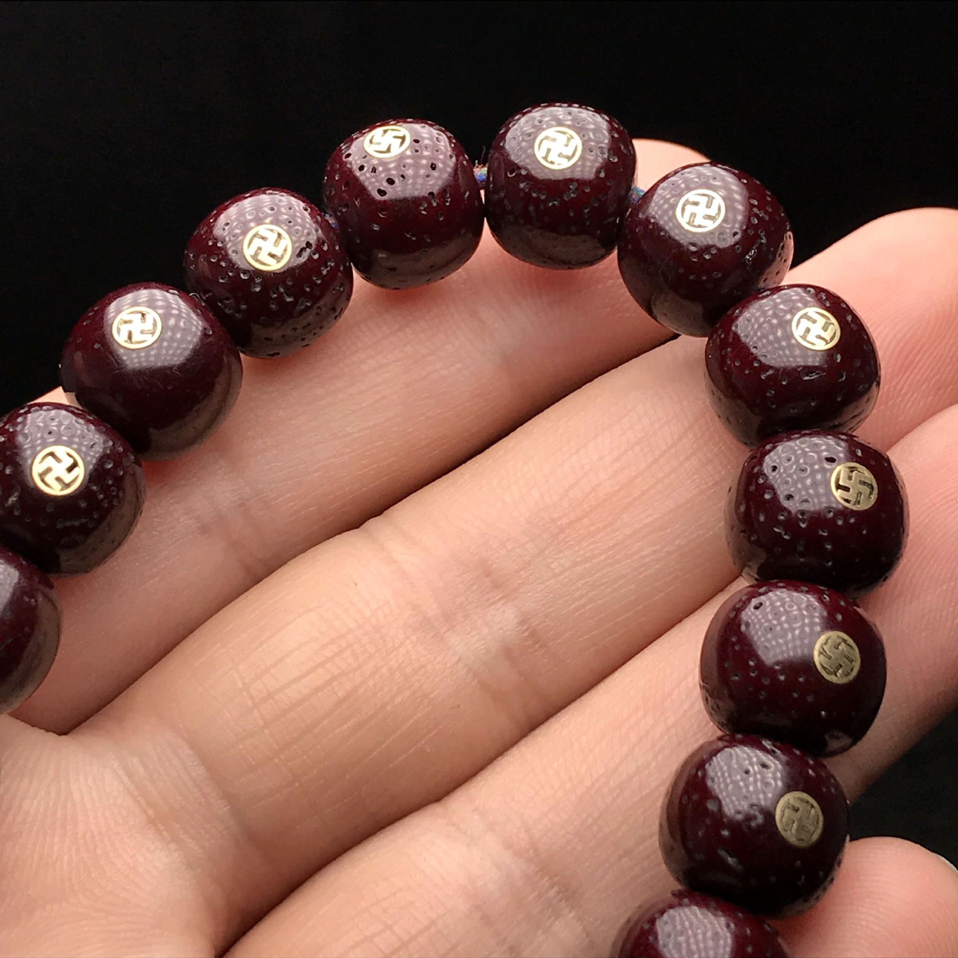 藏传古法朱砂供星月菩提镶嵌铜万字手持文玩佛珠手链