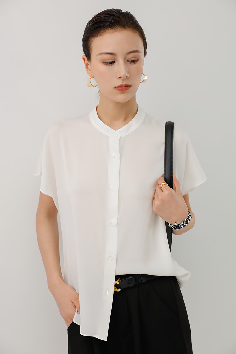 桑蚕丝女上衣高档真丝衬衫时尚纯色高端白色洋气衬衣2020夏季