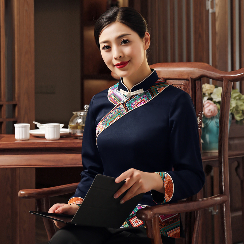 双层酒店工作服秋冬装女中式餐厅饭店茶楼会所餐饮服务员服装长袖
