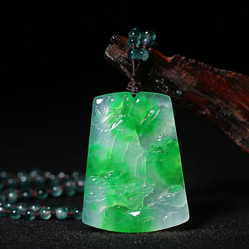 真品缅甸翡翠吊坠冰种飘花山水画挂件男女项链毛衣链
