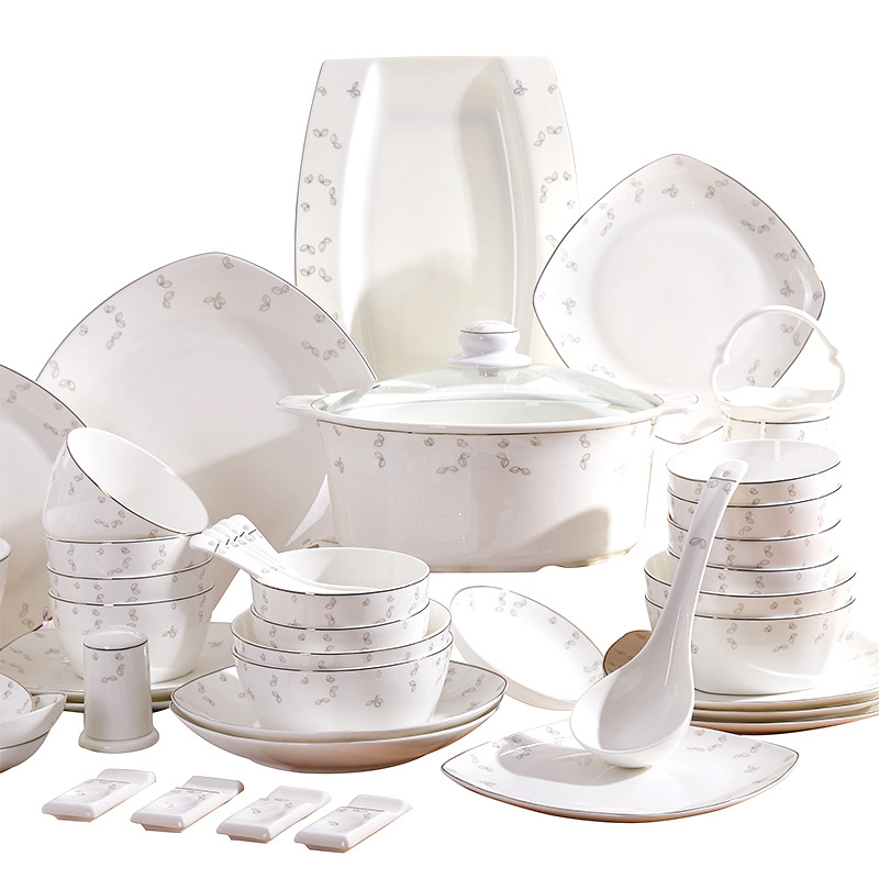 wholesale 60 head white relief bone china household bowls and dishes tableware set-bowls and plates dish ceramics