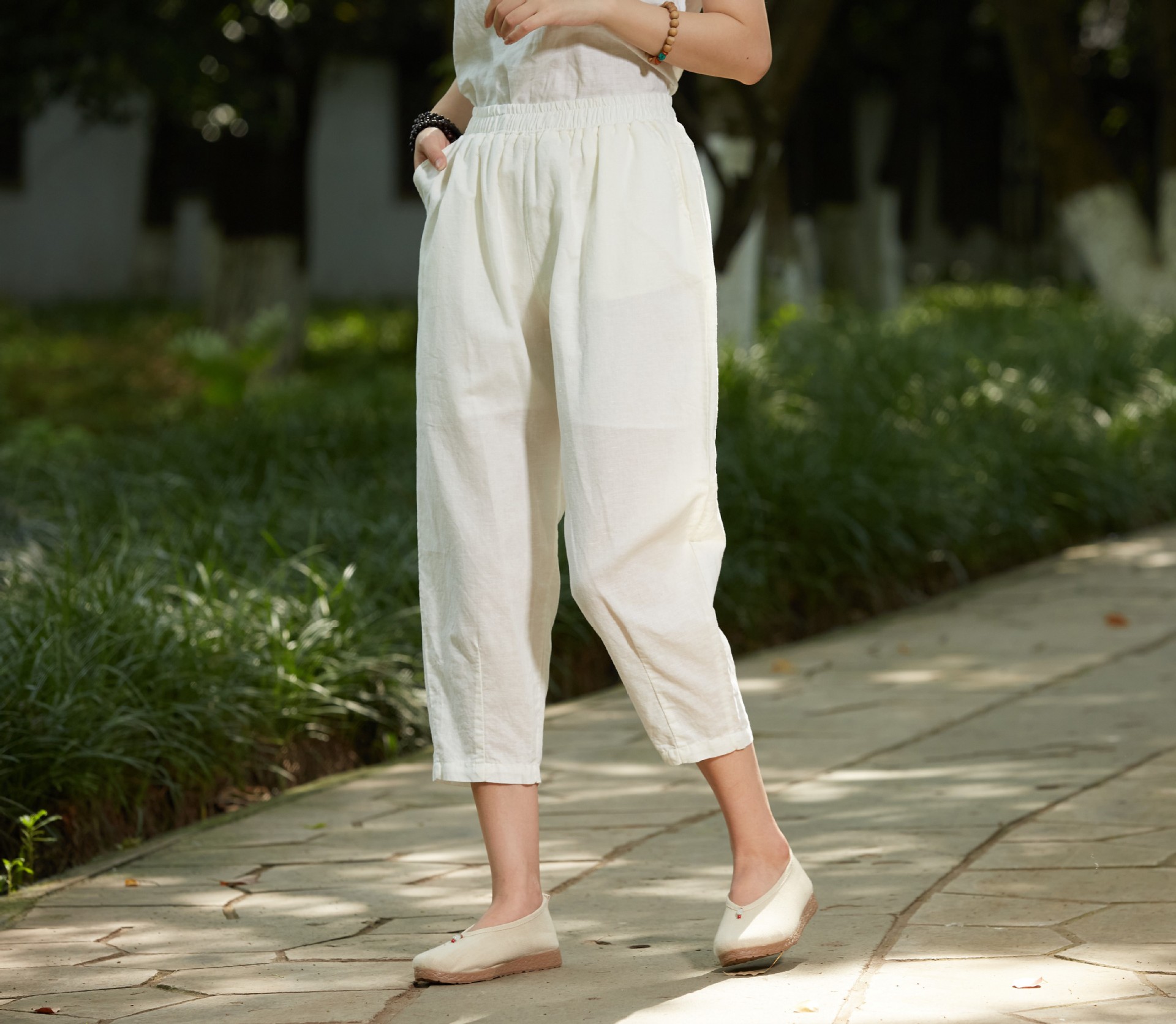 夏季苎麻新款哈伦裤女麻料薄款显瘦萝卜裤棉麻裤子九分宽松亚麻裤