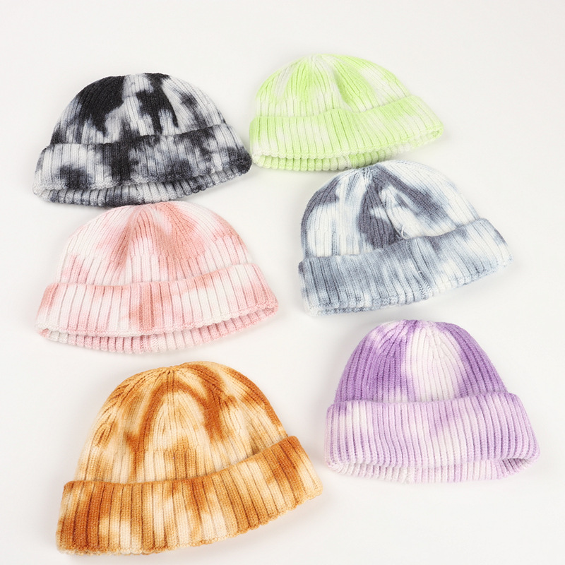 Tie-Dyed Woolen Cap Women's Autumn and Winter Mohair Colorful Knitted Hat Retro Hip Hop Chinese Landlord Hat Melon Skin Warm Beanie Hat Men
