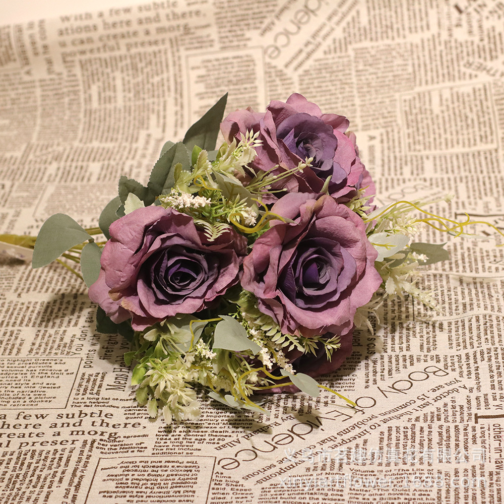 西洋玫瑰欧式6头包芯法国玫仿真花 厂家家居装饰布景婚庆墙假花