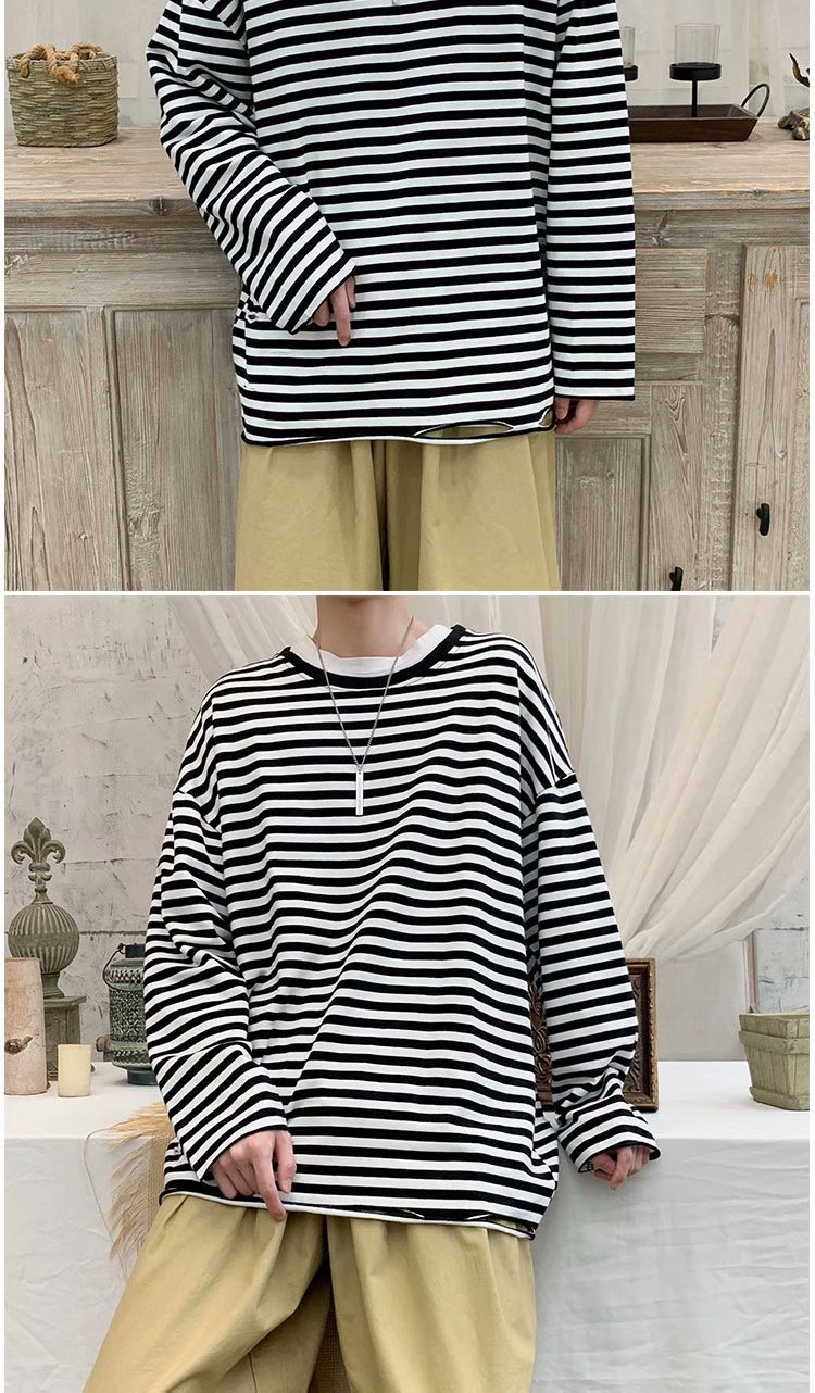 2020秋季新款原宿港风嘻哈圆领条纹宽松卫衣内搭横条纹长袖t恤男