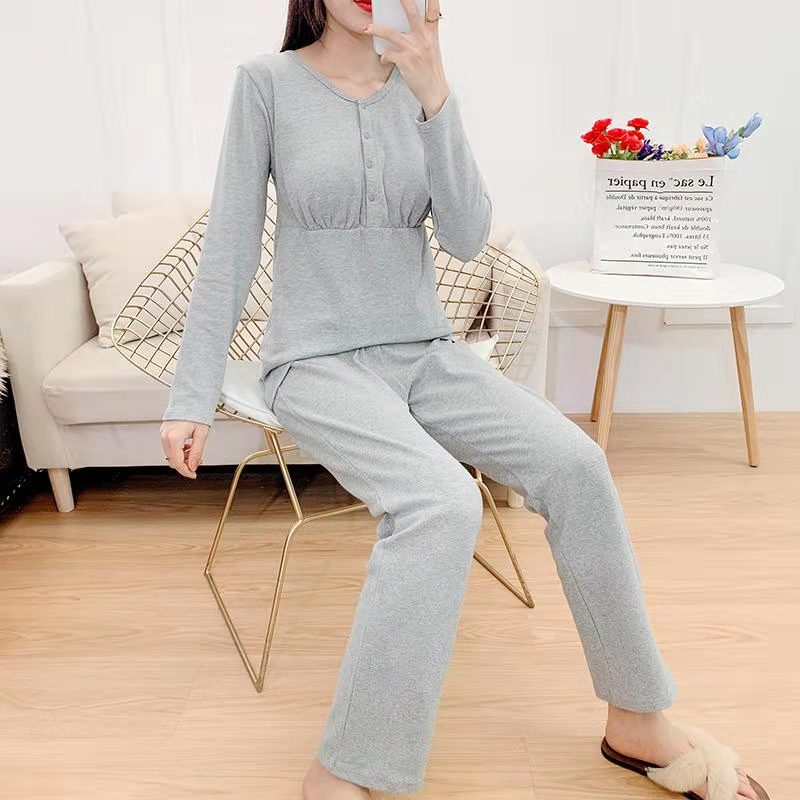 Cotton Thickened Large Size Confinement Clothing Maternity Clothes Front Buckle Long Sleeve Home Wear Pajamas Pajama Pants Suit Straight-Leg Pants Mixed