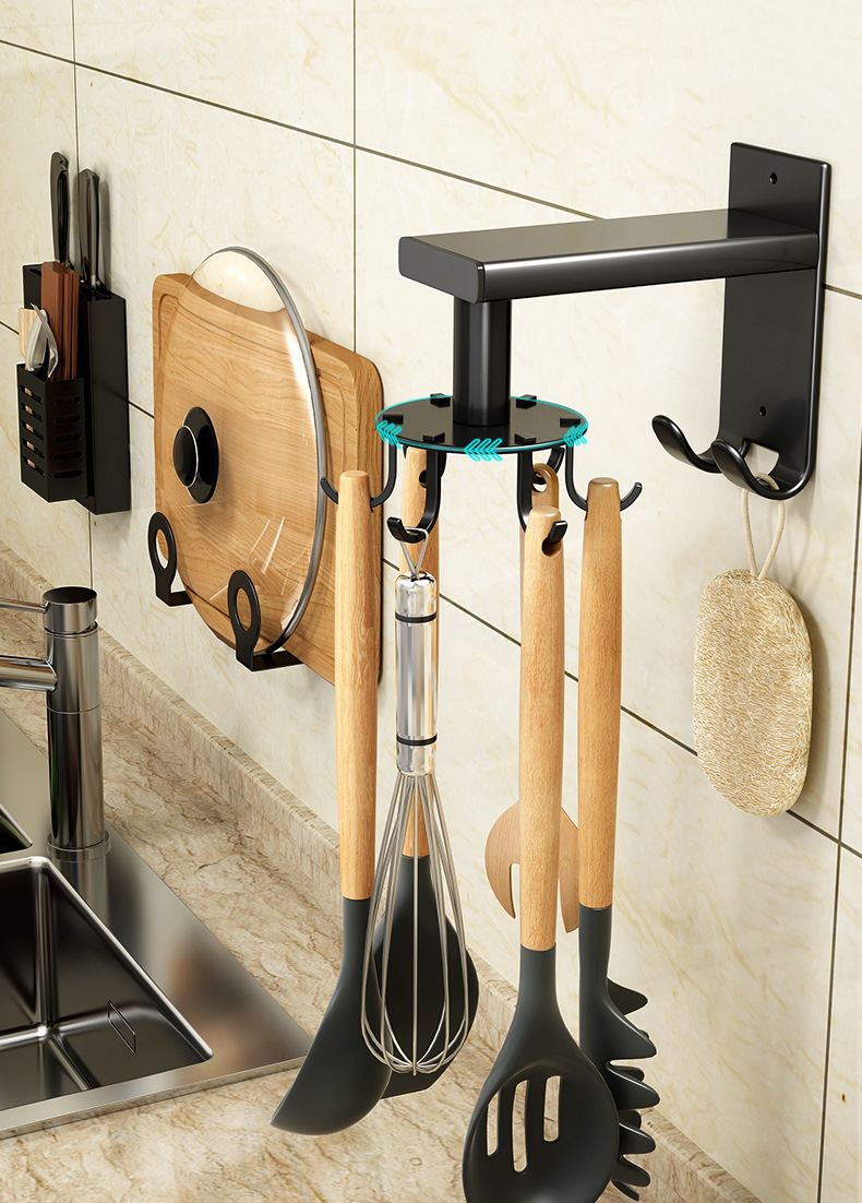 免打孔厨房墙壁收纳架置物架旋转挂钩锅铲勺子厨具用品壁挂式神器