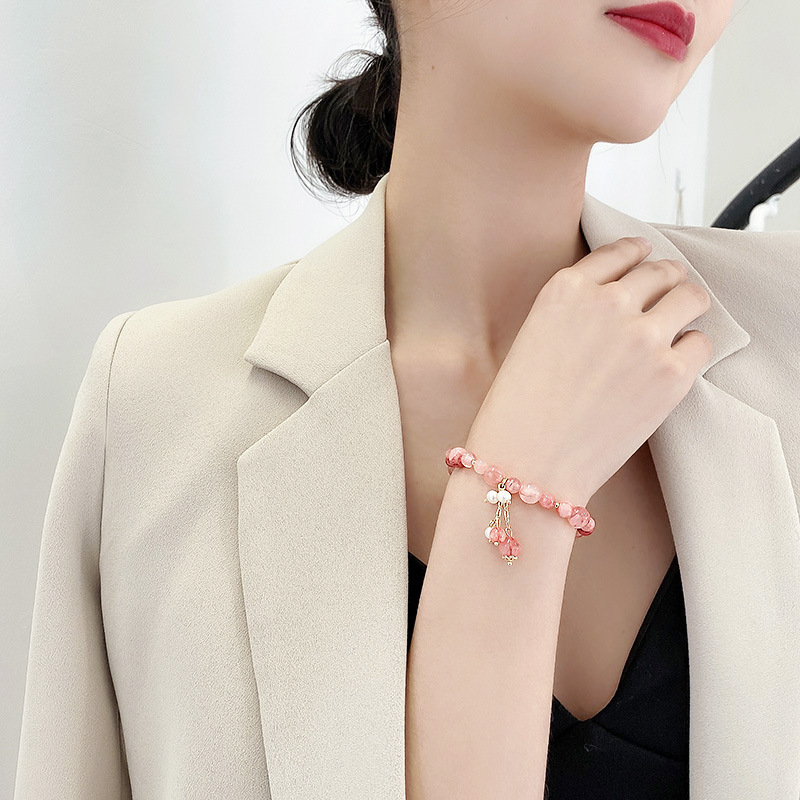 New Design Crystal Stretch Bracelet Korean Strawberry Quartz Pearl Girl Heart European and American Ins Niche Bracelet Bracelet