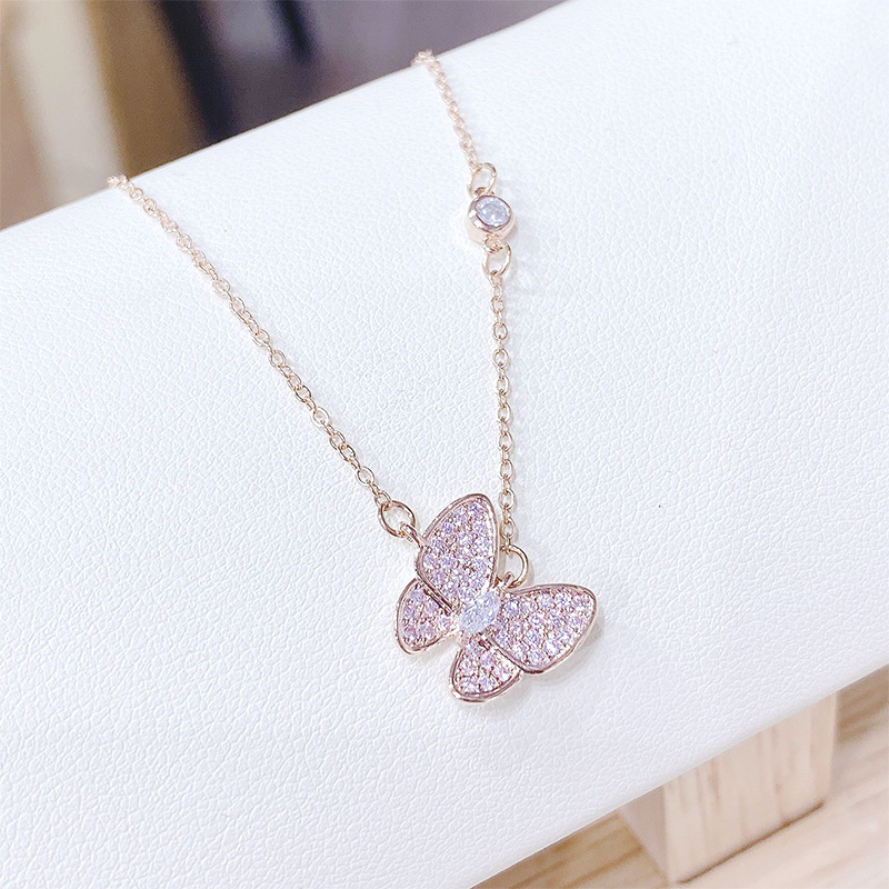 2023 New Butterfly Necklace Women's European and American Fashion Micro Inlaid Zircon Clavicle Chain Jewelry Necklace Ornament Source Factory