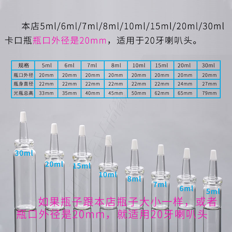 20mm卡口西林瓶喇叭头 玻尿酸原液冻干粉瓶尖嘴13牙无味透明滴头