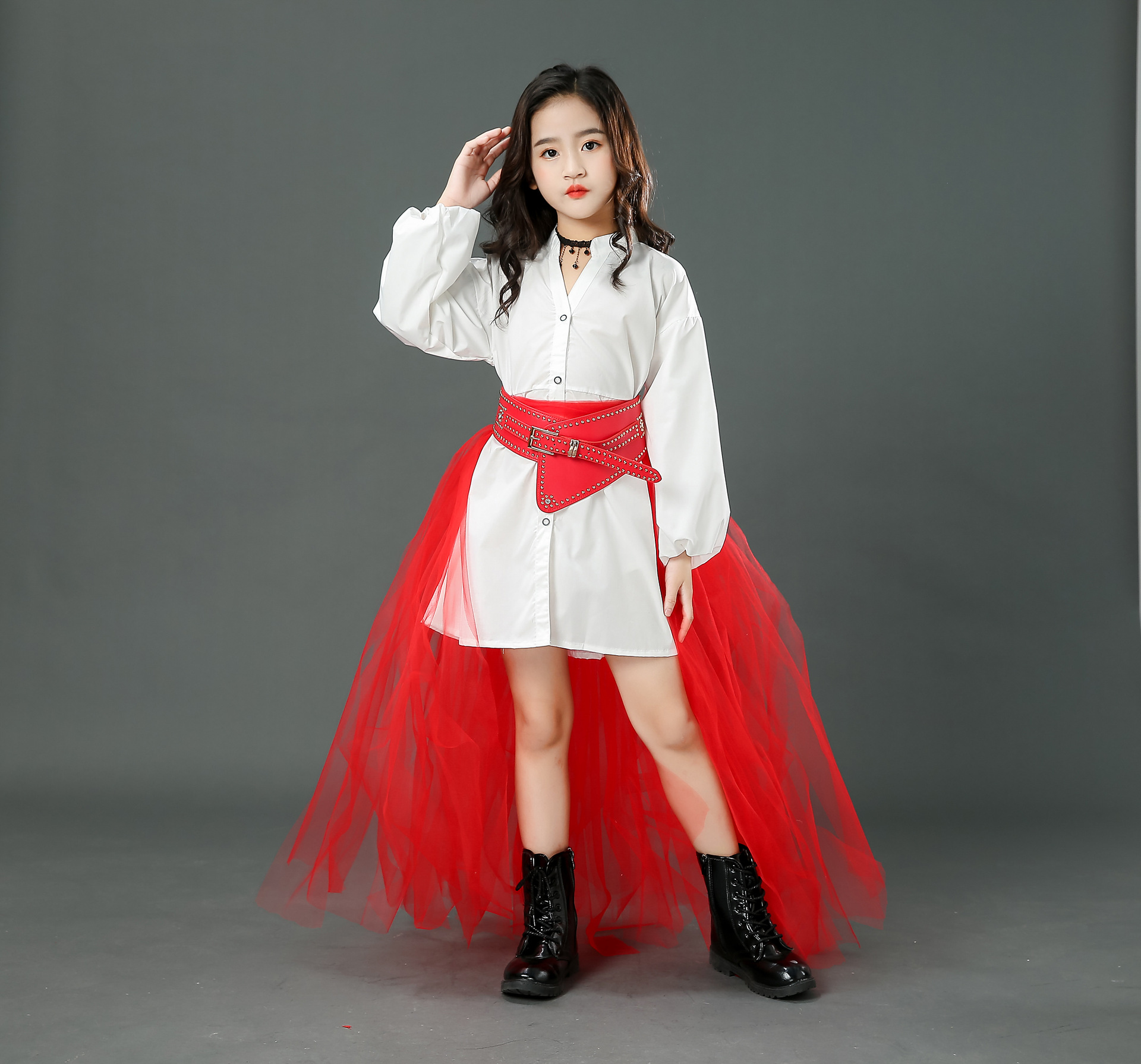 女童潮服红色超酷套装儿童走秀车模时尚个性演出服模特时装秀礼服