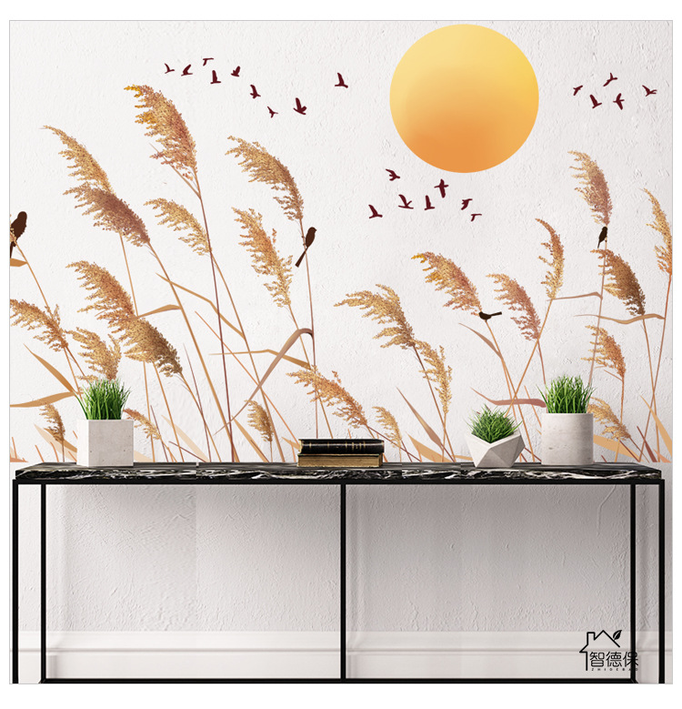 墙贴新中式芦苇叶子落日飞鸟客厅卧室玄关踢脚线墙面装饰贴纸防水