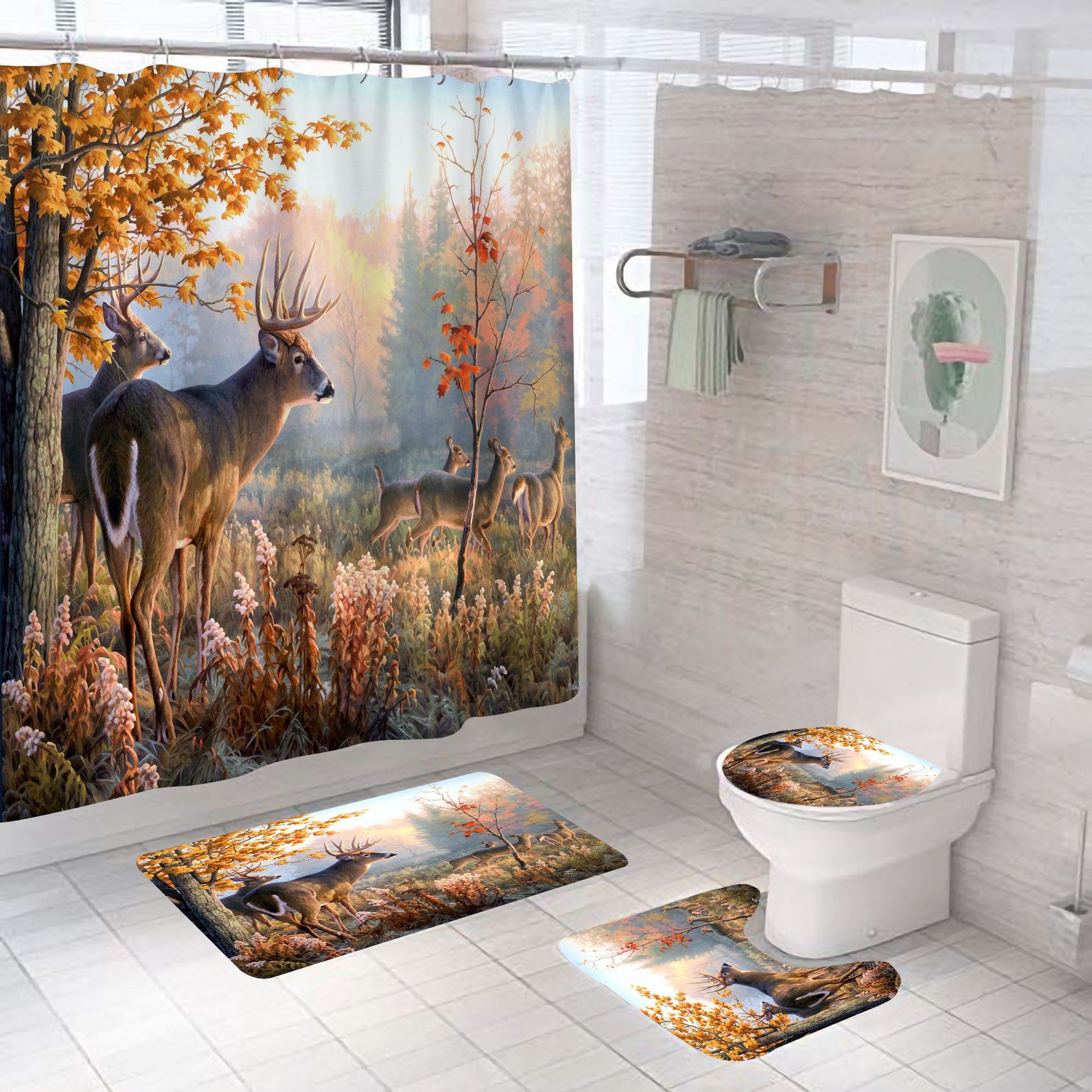 Cross-Border Shower Curtain Forest Deer Animal Shower Curtain Set Digital Printing Polyester Shower Curtain Punch-Free Bathroom Curtain Shower Curtain