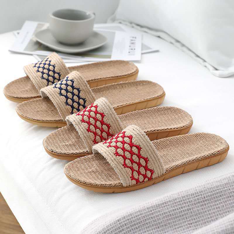 New Linen Slippers for Women Summer Indoor Wooden Floor Couple Home Non-Slip Thick Bottom Home Slippers Men Wholesale