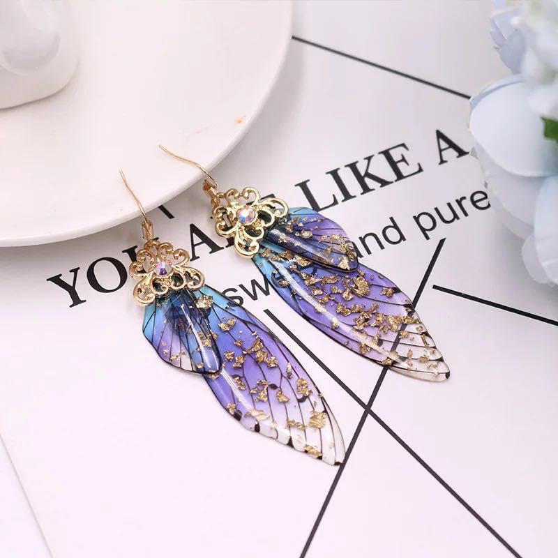 S925 Pure Silver Ear Hook Butterfly Earrings High-End Temperament Super Fairy Long Eardrop Cicada Wings Gradient Color Fresh Earrings