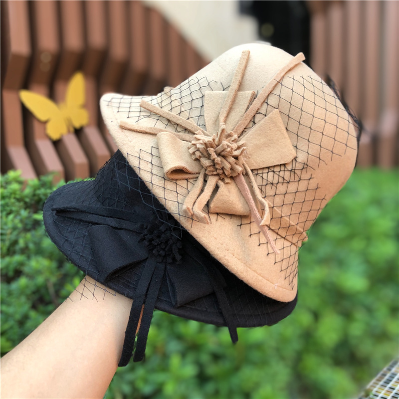 新款秋冬季花卉礼帽女士仿羊毛呢圆顶毡帽复古时尚帽子女秋冬百搭