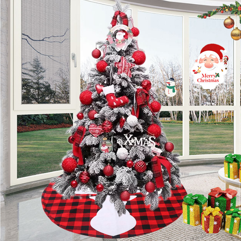 Cross-Border Christmas New Product 120cm Red and Black Plaid Elk Machine Embroidery Tree Skirt Tree Bottom Apron Atmosphere Arrangement Articles