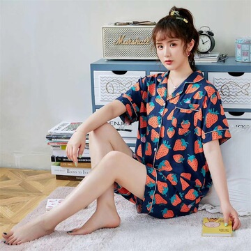 棉绸套装女夏季新款短袖短裤日系韩版休闲跨境家居服代发绵绸睡衣