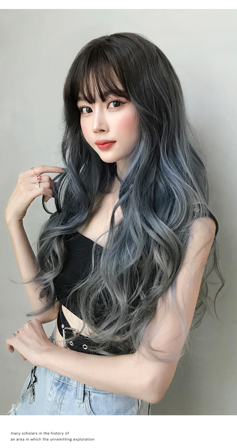 跨境爆款假发女长发大波浪渐变蓝灰色全头套网红流行整顶发套批发