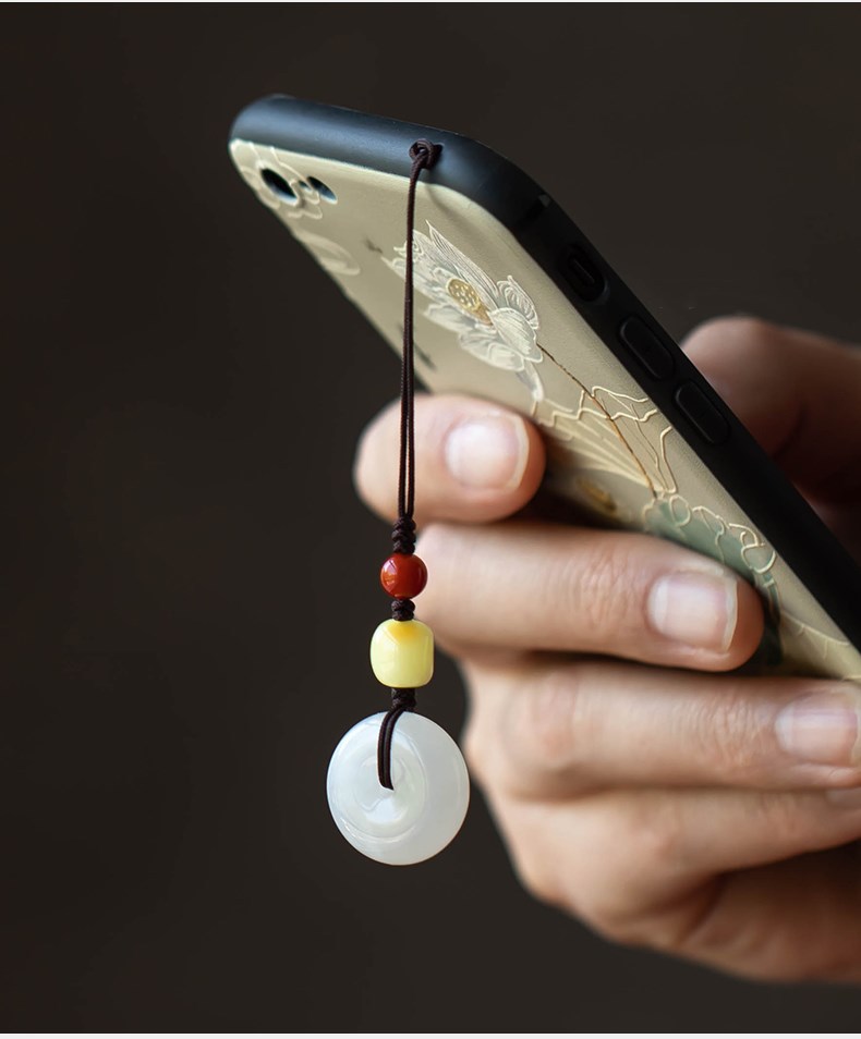 天然和田白玉平安扣手机链挂件原创diy男女款吊坠搭配蜜蜡挂链