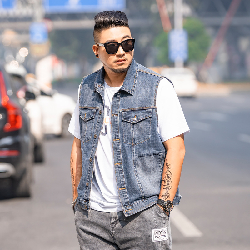 潮牌大码男装秋季新款烫钻牛仔马甲宽松加肥加大男士潮款牛仔背心