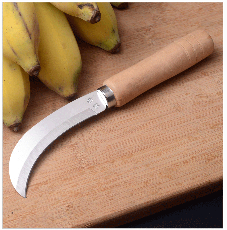 菠萝刀木柄水果刀多功能蔬菜小镰刀 不锈钢香蕉刀 小弯刀厂家批发