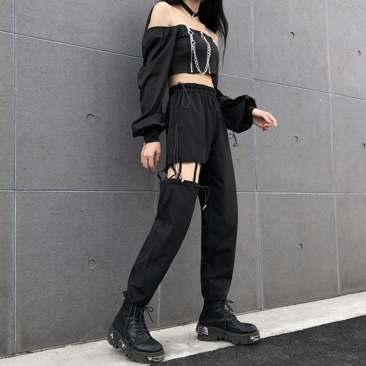 lisa同款裤破洞镂空裤子女宽松显瘦休闲嘻哈工装裤女束脚直筒高腰