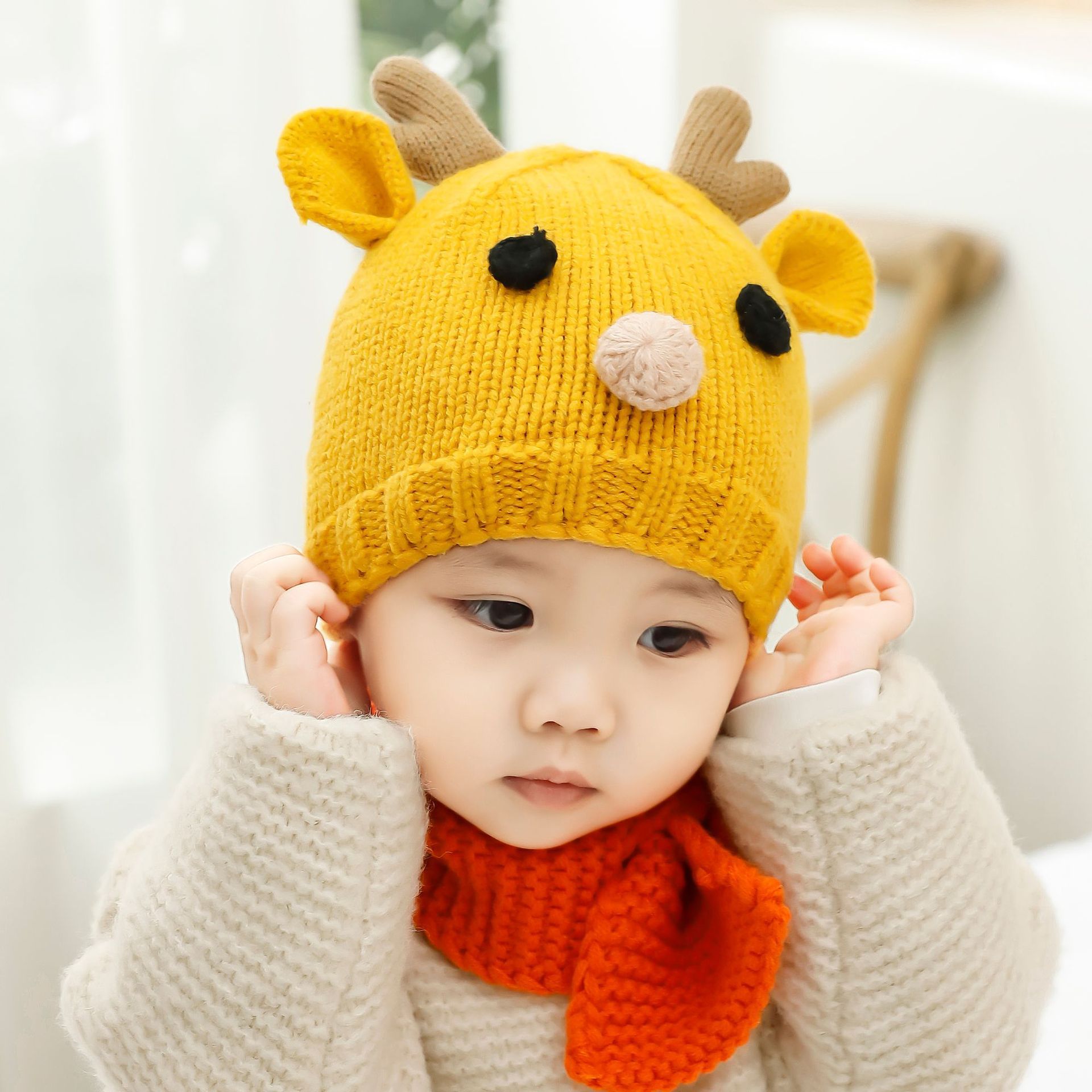 军宸宝宝针织帽秋冬新款儿童卡通小鹿毛线帽加厚保暖加厚婴儿帽子