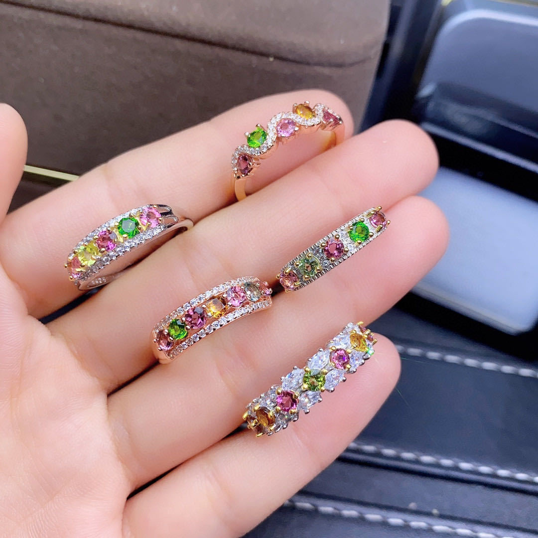 首饰新款 碧玺戒指排戒糖果色艳丽925银镶嵌直播供货