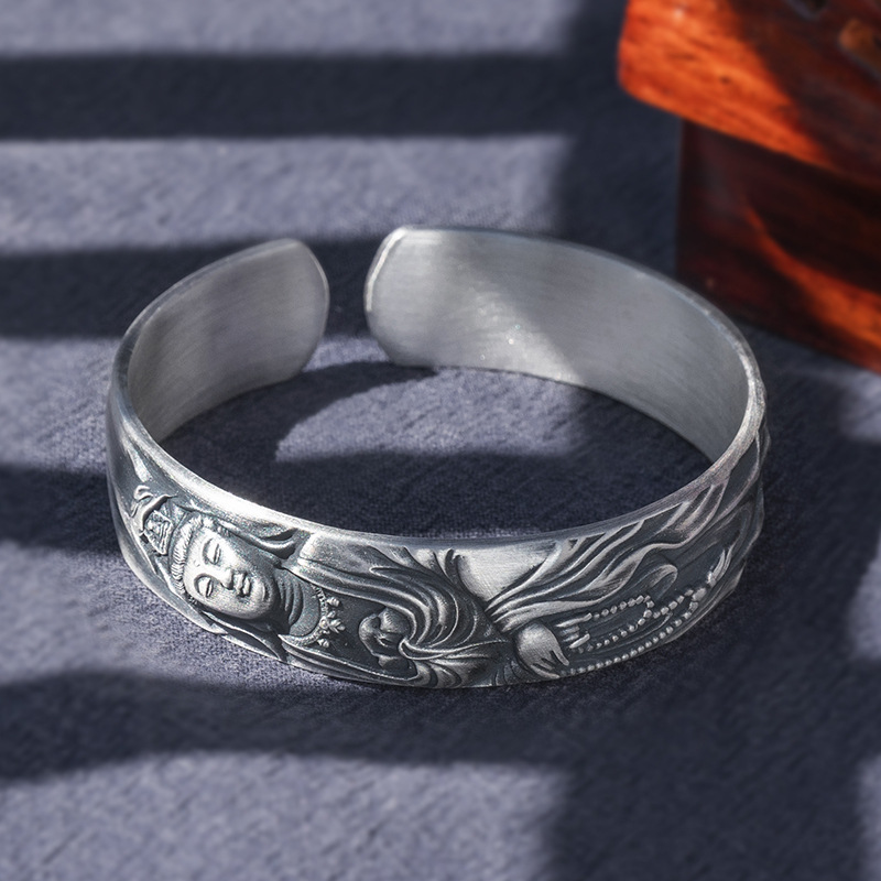 大理雪花银菩萨手镯999足银女式款足银复古做旧银饰银镯子原创