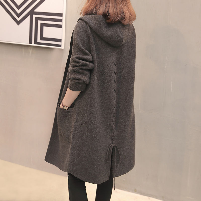 大码毛衣外套女春秋新款宽松中长款女士加厚针织外搭连帽开衫大衣