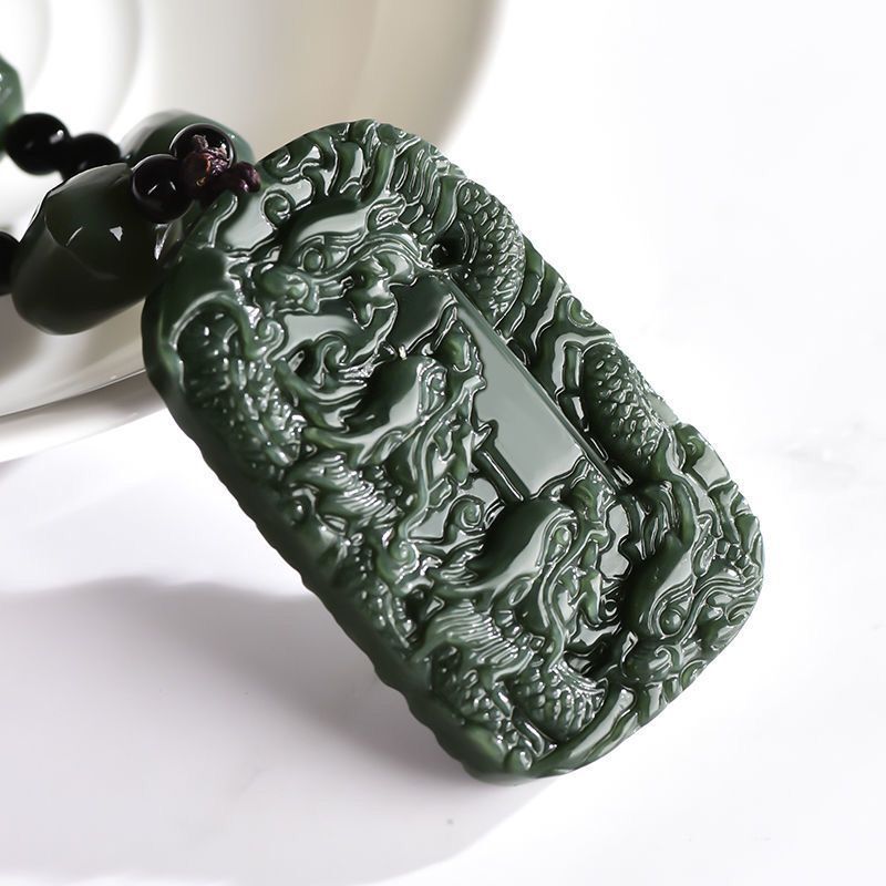 天然新疆和田玉玉青玉九龙护主玉吊坠双面精雕龙牌生肖龙挂件批发