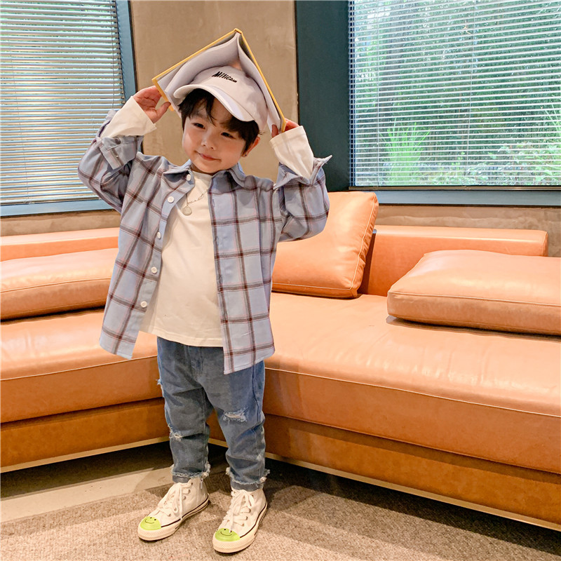 男童格子衬衫2020春秋新款 中小童休闲格纹时尚表情印花潮流衬衫