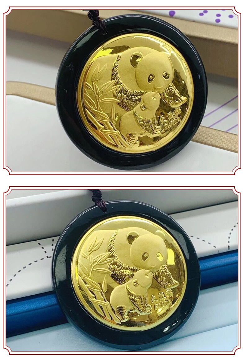 4d金镶玉吊坠和田玉墨玉镶足金熊猫吊坠玉器挂件直播货源批发