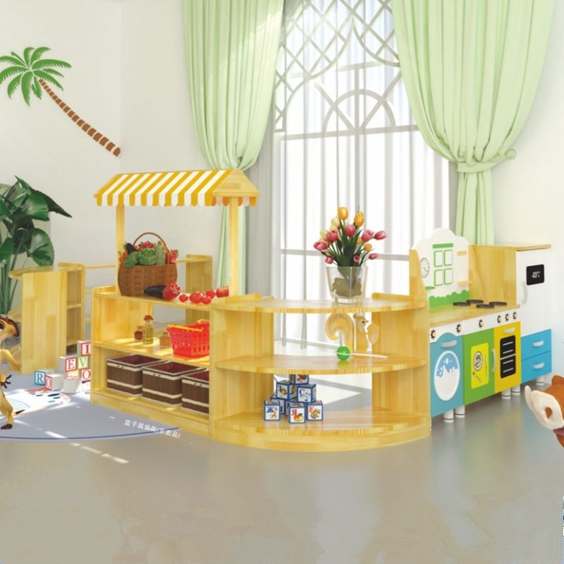 幼儿园厨房过家家玩具柜儿童仿真橱柜互动灶台实木游戏区区角柜子