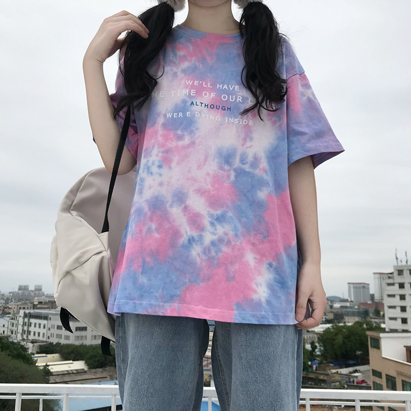 夏2020新款扎染短袖t恤女ins网红超火宽松韩版潮蹦迪渐变色上衣服