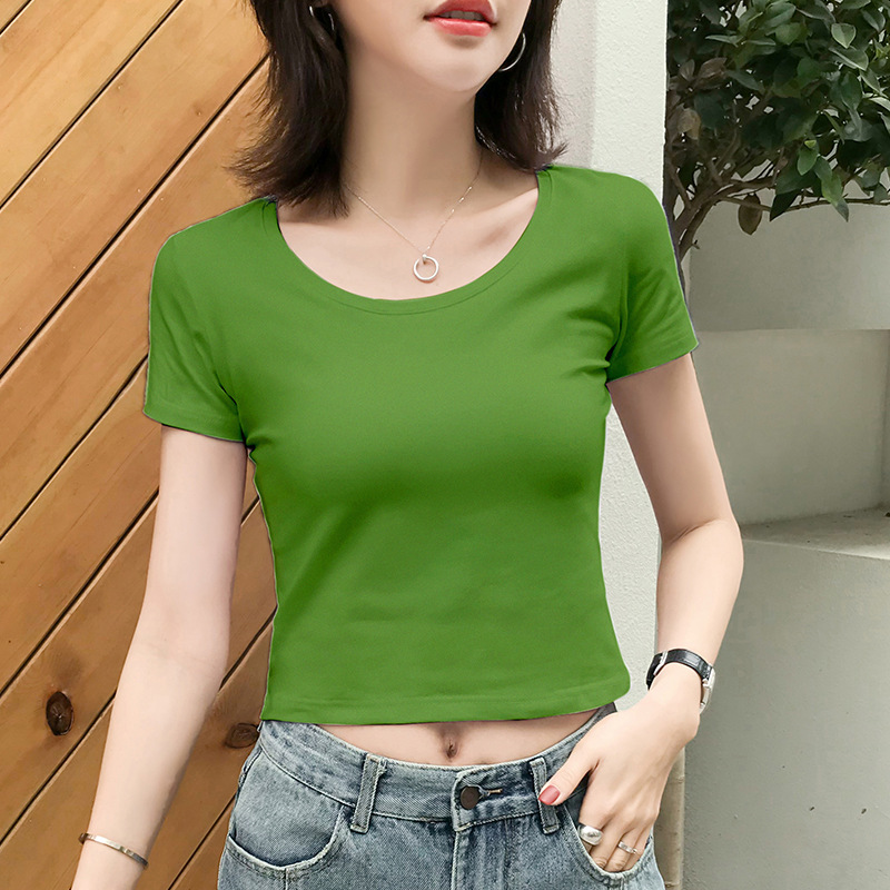 短款露脐t恤女短袖漏肚脐牛油果绿纯棉紧身高腰性感黑色上衣夏季
